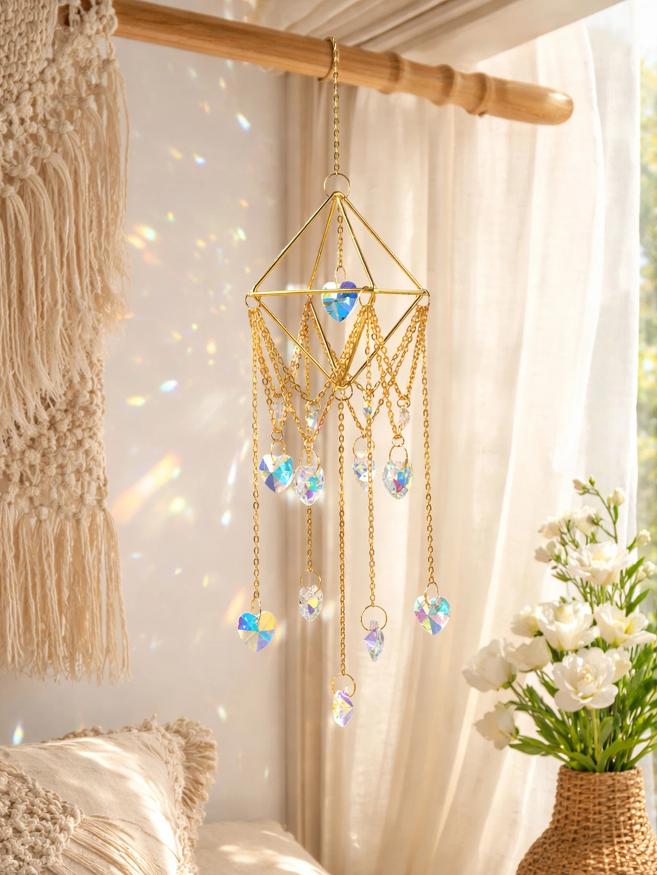 Crystal Suncatcher with Heart Prisms Gold Chain Hanging Ornament for Home Window Wall Decor, Boho Light Catcher Rainbow Maker