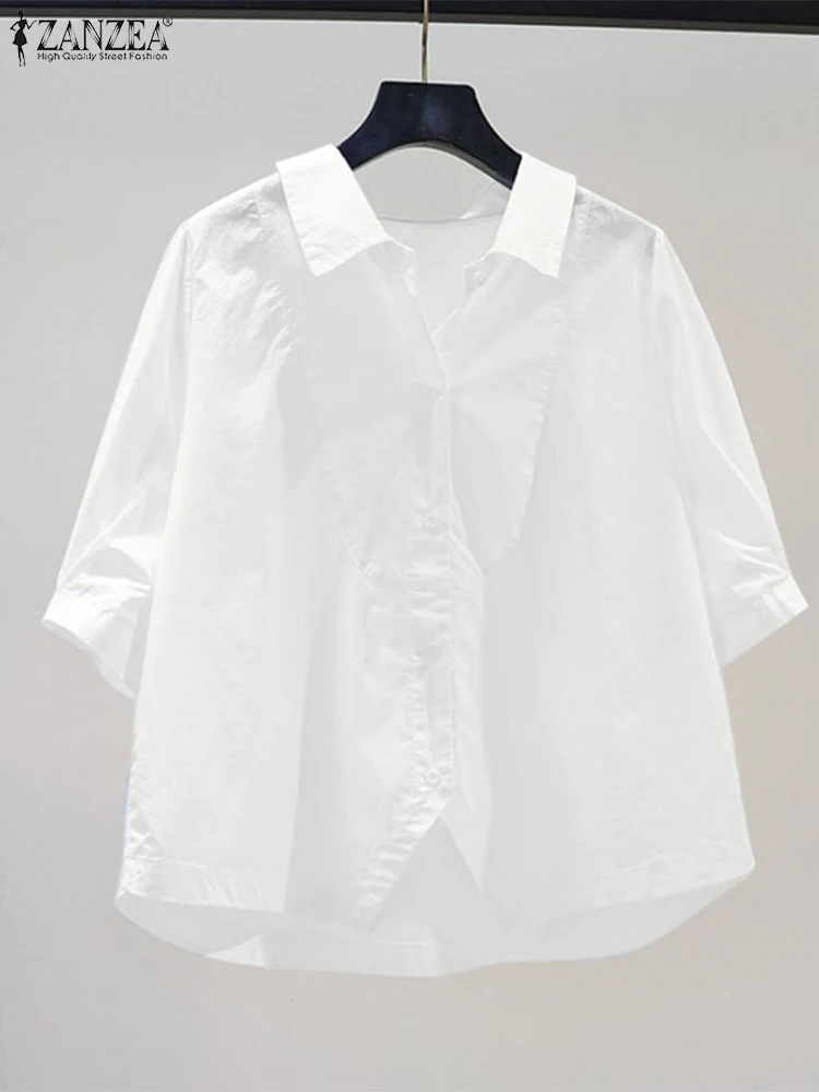

ZANZEA Commute U-Shaped Seamed Chemise Femme Half Sleeve Elegant Office Casual Shirts Turn-Down Collar Button Up Women's Tops