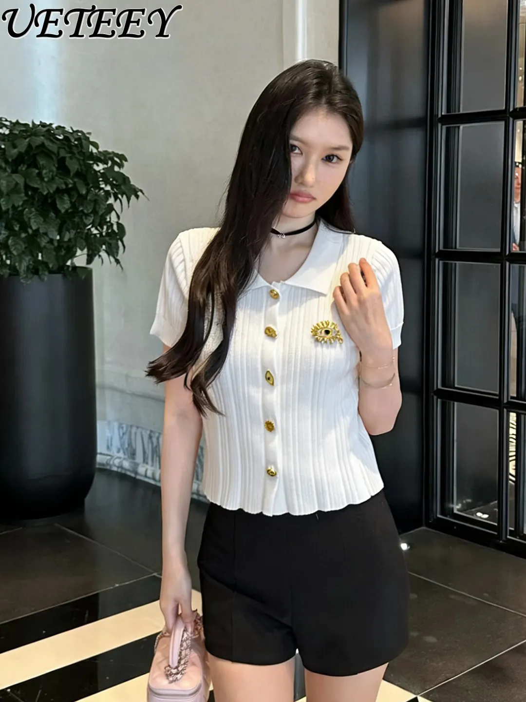 

Metal Decoration Solid Color Vertical Stripe Knitted Short-sleeve Cardigan New Summer Turn-down Collar Single-breasted Tops