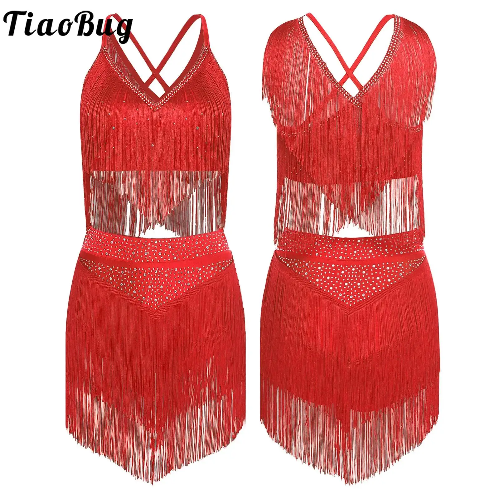 

Women Salsa Samba Latin Dance Costume Sleeveless Fringe Crop Top with Tiered Tassels Skirt Chacha Tango Performance Competition