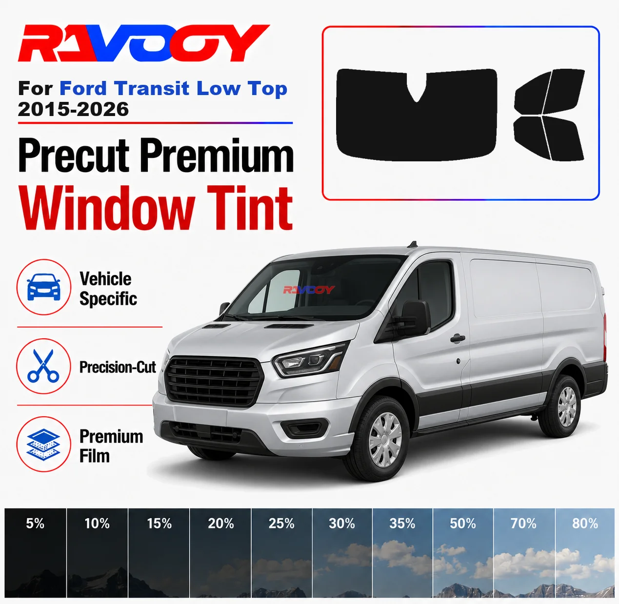 Premium Precut Window Tint Kit Front Rear Windows Rear Windshield For Ford Transit Low Top 2015-2026 Car Solar Nano Ceramic Film