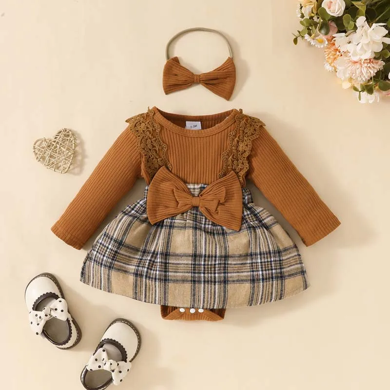 

Baby Girl Clothing 0 To 18Months Newborn Set Long Sleeve Jumpsuit Skirt Pit Strip Plaid Onesies Skirt with Hairband Baby Outfits