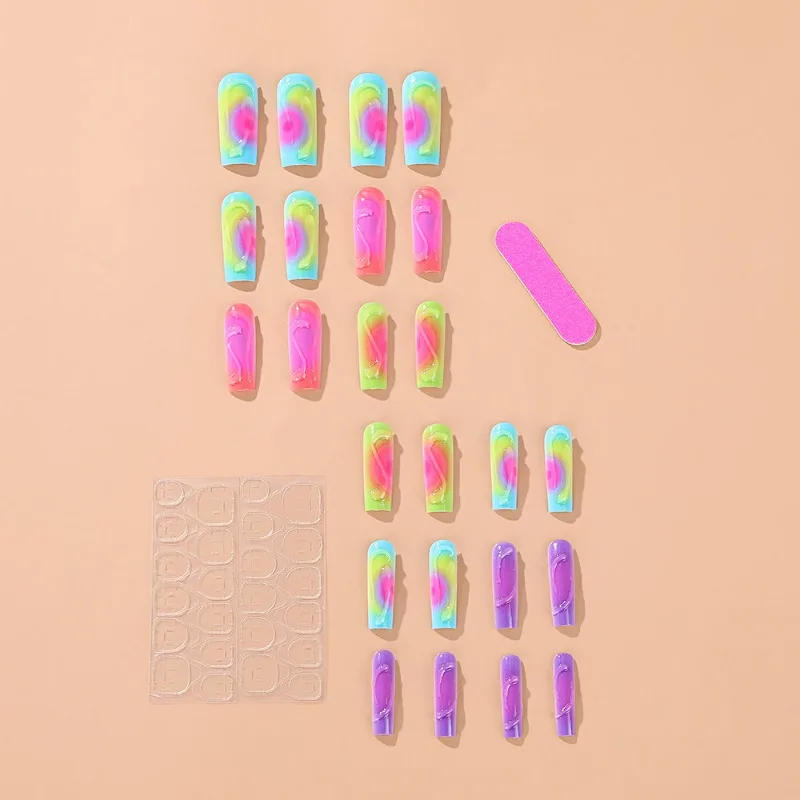 24 Pcs Holiday Thick Acrylic Nails Press on With Full Set Tools Multicolor Long Nail Tips 3D Girls High Quality False Nails 2024