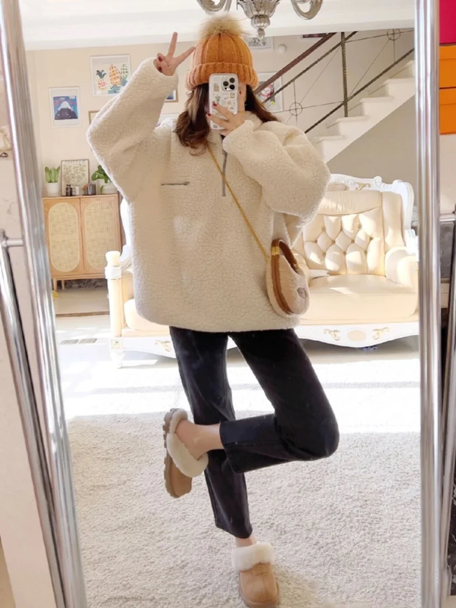 Retro Hong Kong Sle Loose Fit Casual f Zipper Felpa con cappuccio da donna Autunno Inverno Thi Calda pelliccia di agnello Jaet Pendolarismo Sle Pure...