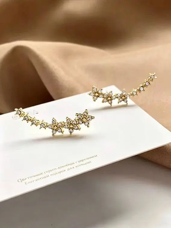 Women Crystal Flower Ear Climber Earrings, Sparkling Rhinestone Crawler Dangle Earrings, Elegant Wedding Party Jewelry Gift