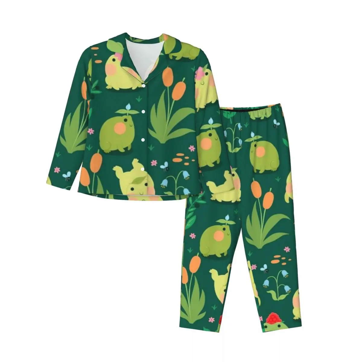 

Cute Frog Women's Pajamas Set Button Down Pajama 2 Piece Suit Pyjama Femme Nightwear Loungewear