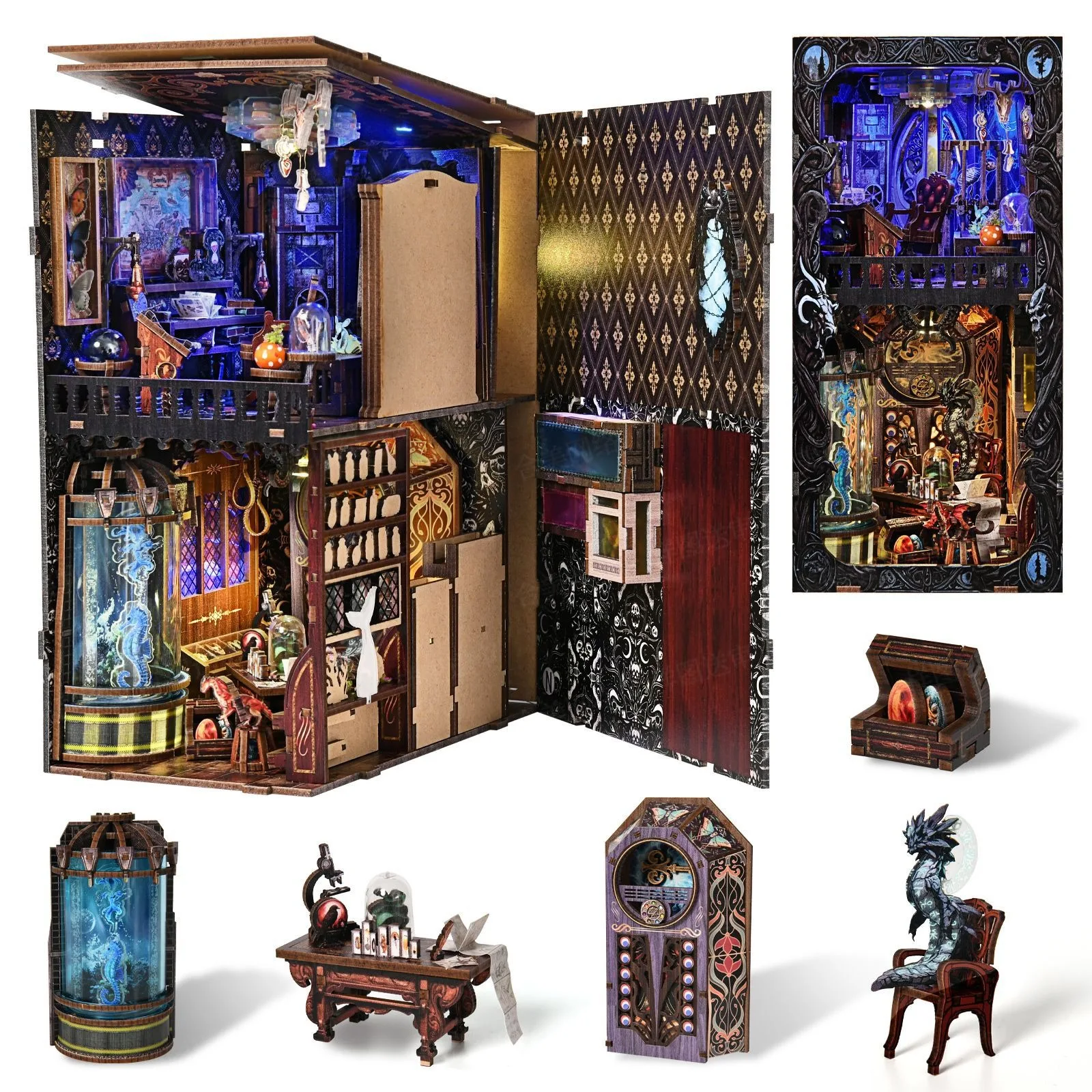 DIY Miniature Dollhouse Kit 3D Wooden Puzzle Bookend Book Nook for Bookshelf Cabinet of Curiosities Mythical Creatures Room Deco