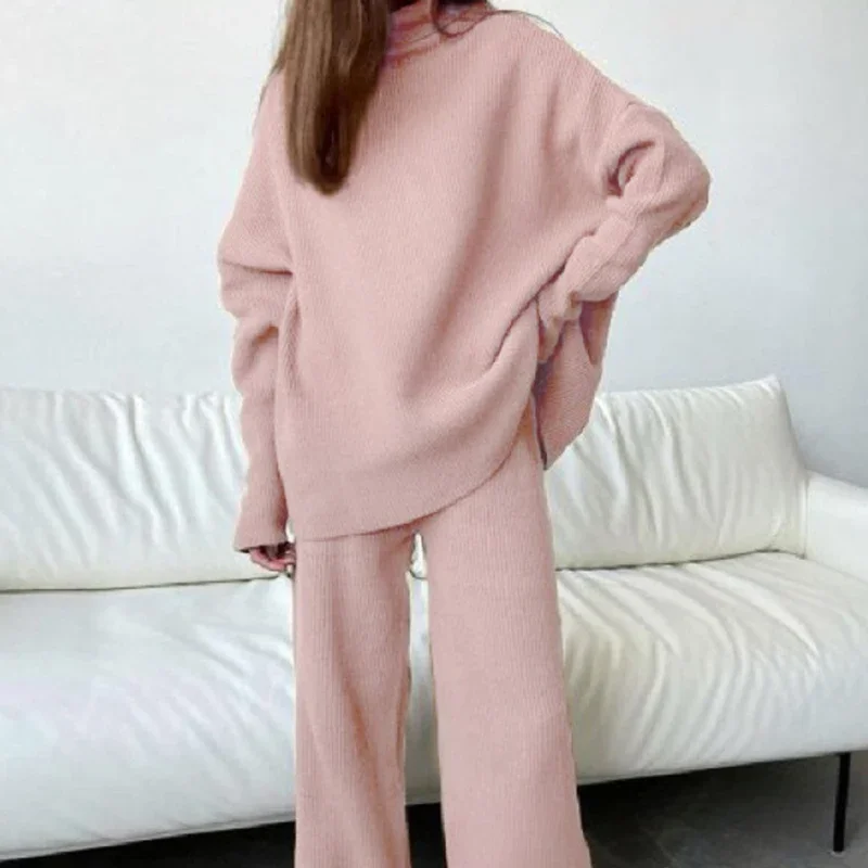 Jocoo Jolee Women Knitted Suit Soft Turtleneck Long Sleeve Sweater Wide Leg Pants Commuter 2 Pieces Sets Autumn Winter Homewear