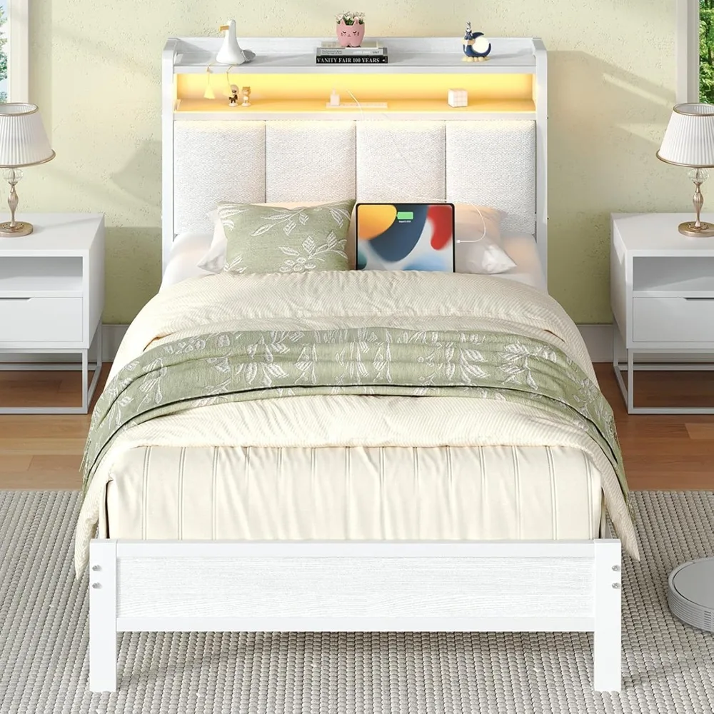 

Bed Frames with Charging Station and LED Lights, Metal Platform Bed Frame Twin with Upholstered Storage Headboard, Heavy Duty