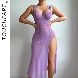 Toucheart Mesh See-Through Tempting Lace Backless High Slit Light Blue Sexy Bow Knot Lace Up Suspender Belt Dress Erotic Suit