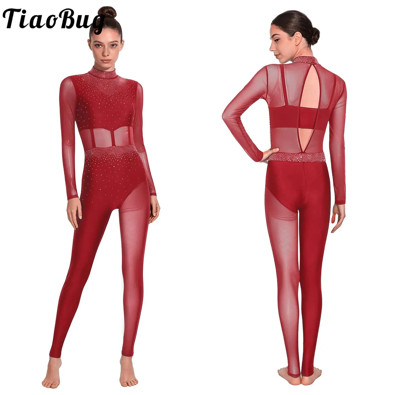 

Women Figure Skating Gymnastics Leotard Dance Jumpsuit Ballet Costume Long Sleeve Sheer Mesh Sparkly Rhinestones Full Bodysuit