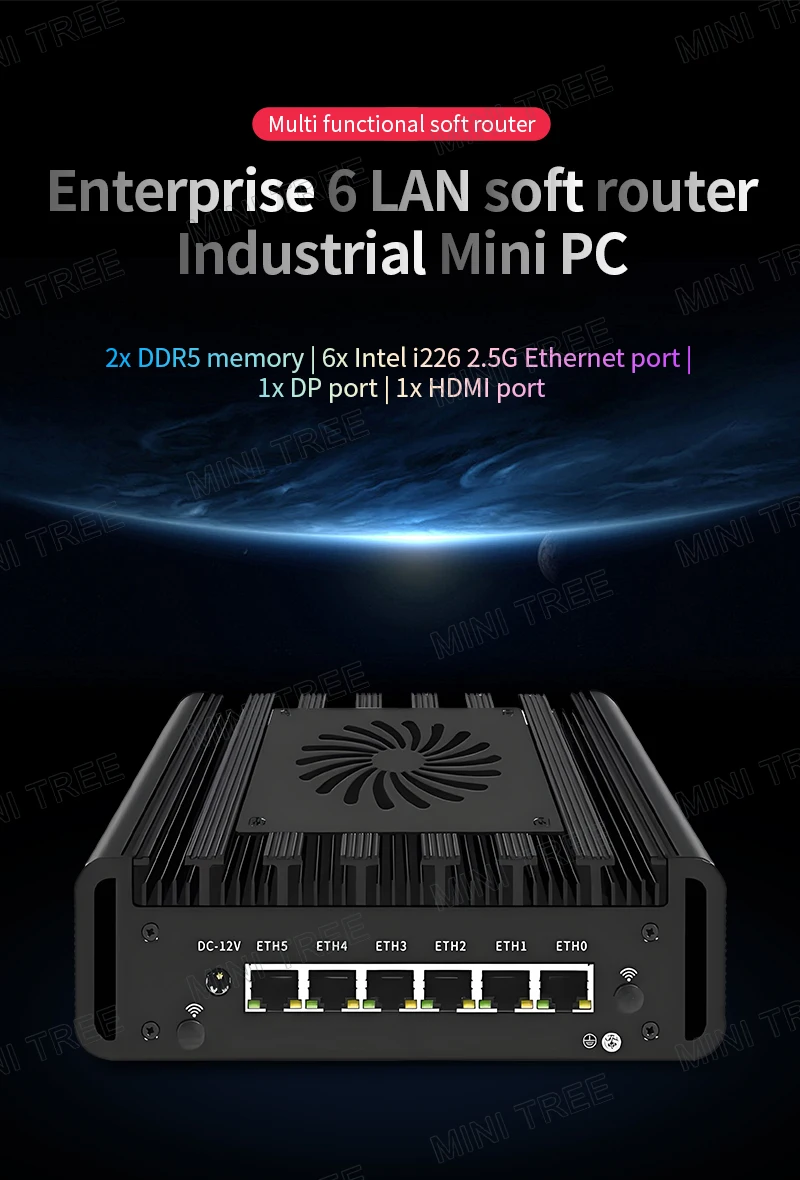 6xI226 2.5G Rete Industriale Mini Firewall Apparecchio Intel Core Ultra7 165H 2xDDR5 RAM NVME SSD Multi OS Mini PC 5G SIM 12V