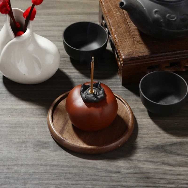 Creative Ceramic Incense Holder Frosted Persimmon Incense Burner Wooden Incense Plate Ash Catcher Buddhism Supplies Home Decor