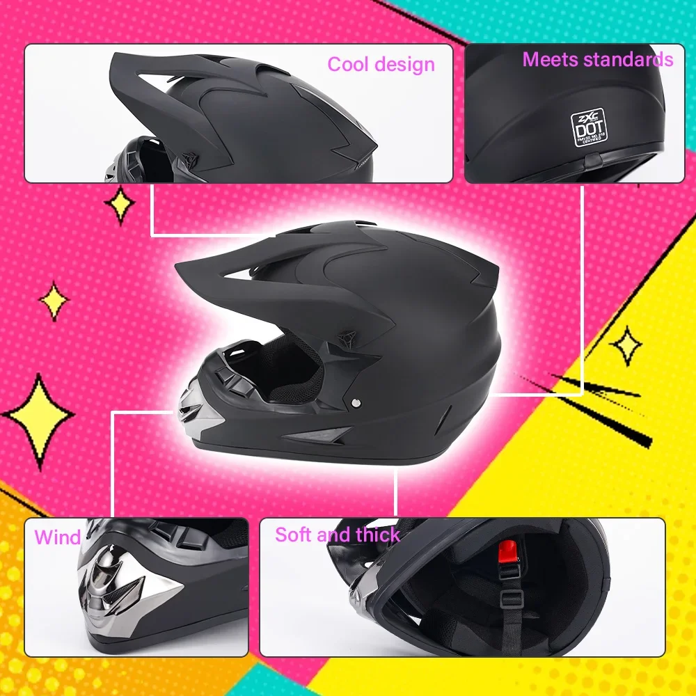 Smlxl Black Matte Dot Off-Road Motorcycle Helmet, Atv Mud Bike Helmet, Utv Off-Road Helmet, Goggles, Gloves, and Face Mask