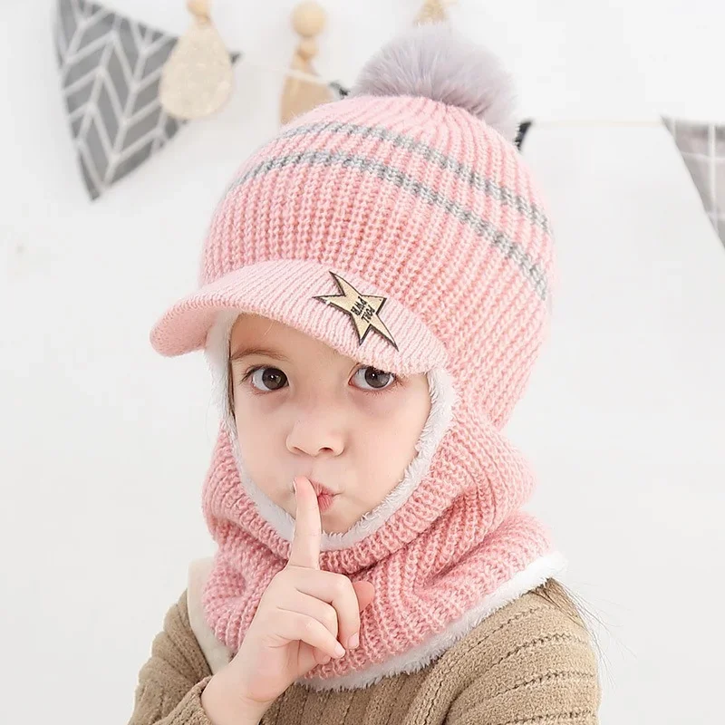 

Winter Kids Plus Fleece Beanie Hats Thick Warm Knitted Balaclava Cap Girls Boys Face Cover Hairball Bib Mask for Child Outdoor