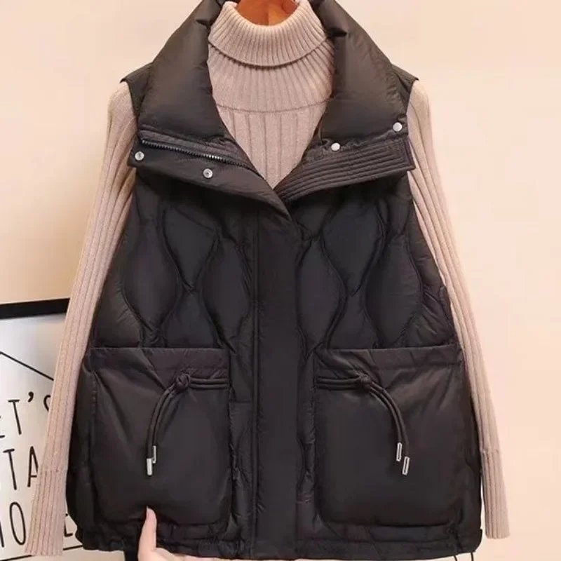 Black Short Sleeveless Puffer Vest Autumn Winter Coat Vest Down Cotton Waistcoat Thick Warm Pockets Korean Luxury Brand Vests