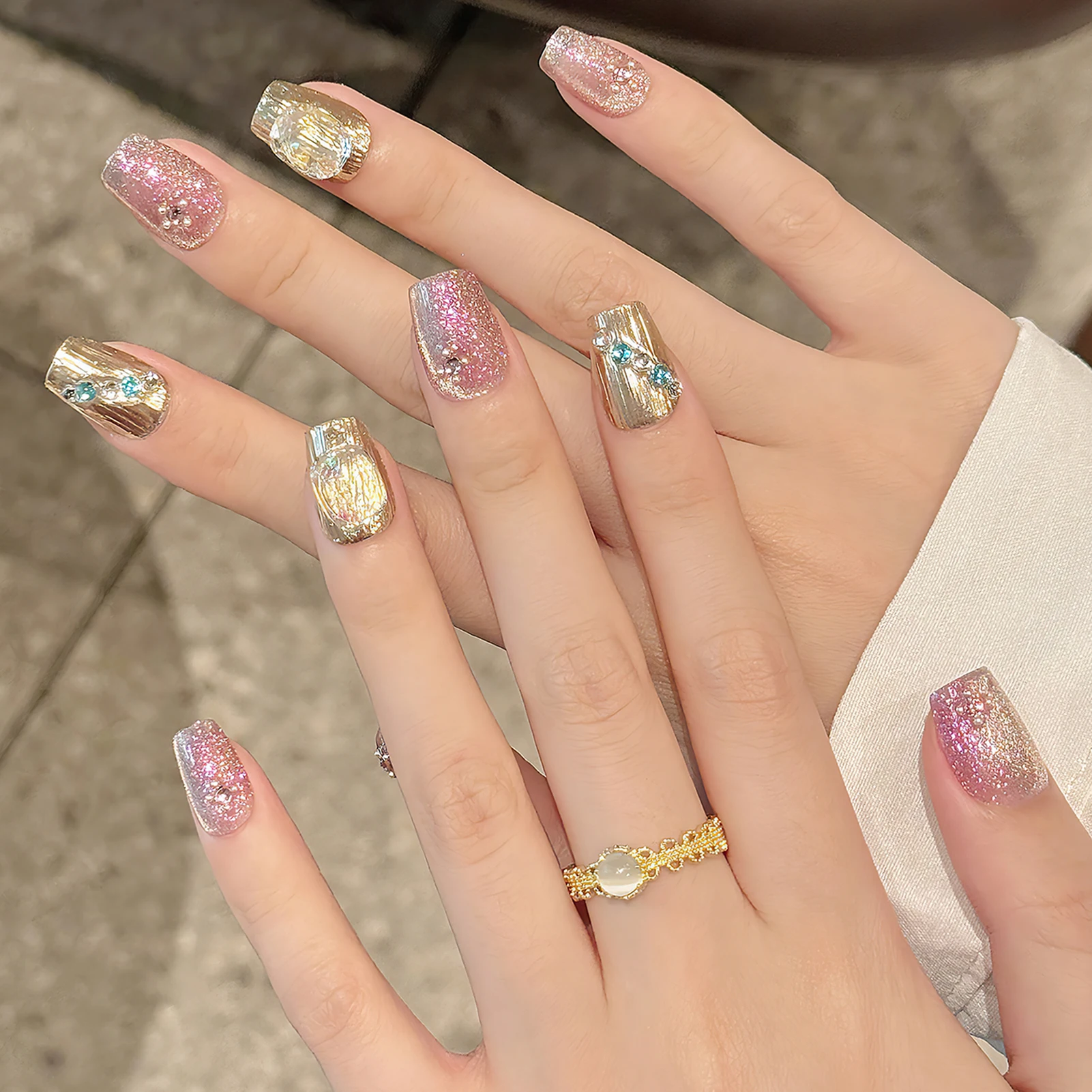 Uñas postizas hechas a mano con forma de ojo de gato, Aurora, Ballet, prensa en uñas acrílicas, uñas postizas doradas con decoración de diamantes brillantes, usable