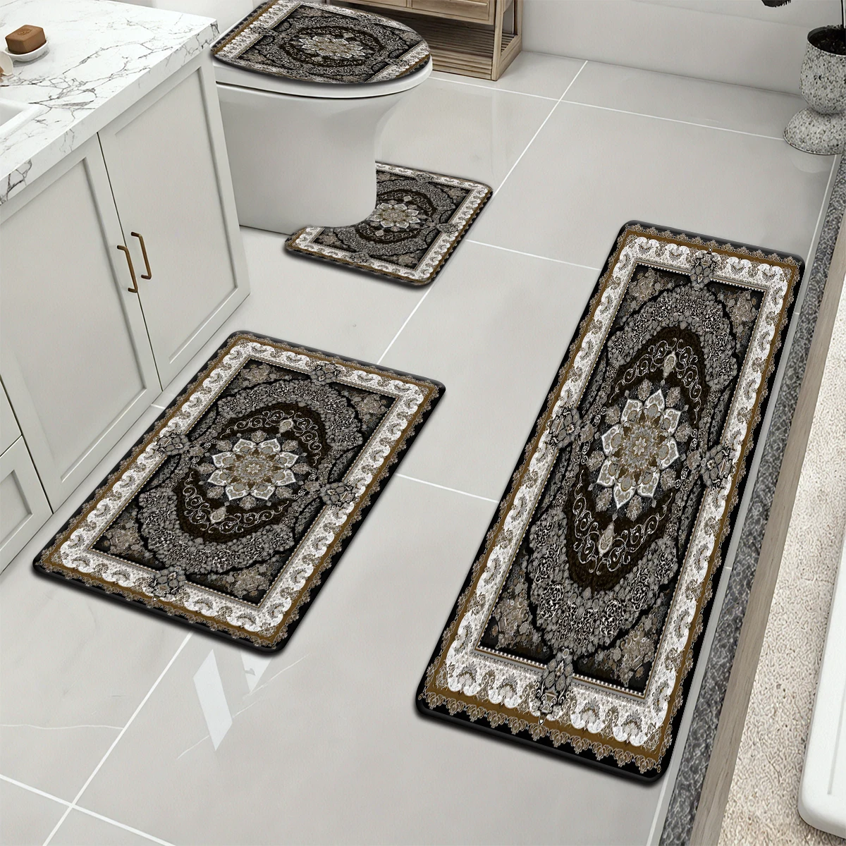 

1 комплект серого водопоглощающего и нескользящего напольного коврика для ванной комнаты, домашние декоративные узоры с принтом, удобные, четырех частей