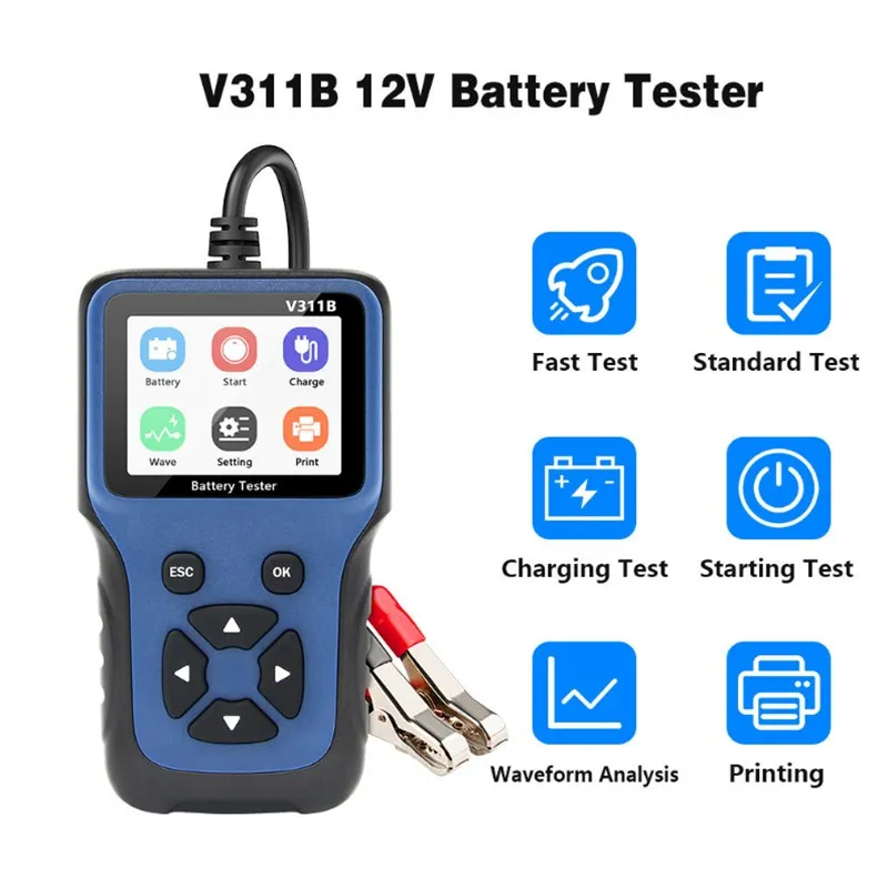 

V311B Car Battery Tester 12V Analyzer 100 to 2000CCA Test Battery Health/Faults Digital Color Screen Auto Diagnostic