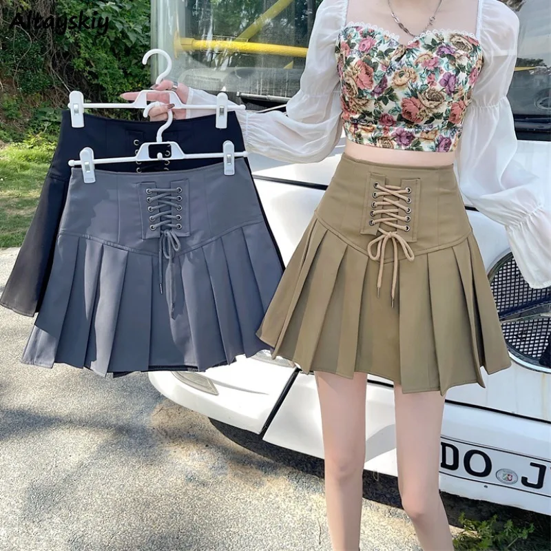 Pleated Skirts Women Mini Lace-up Pure Color High Waist A-line Youthful Hotsweet Popular Hot Sale Baggy Streetwear Preppy Newly