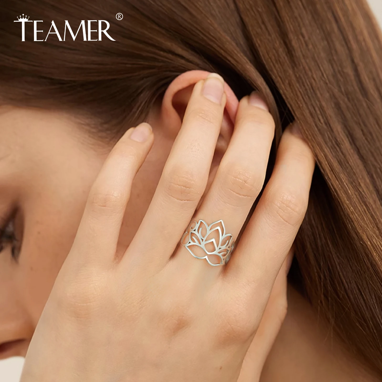 Teamer Buddhist Hollow Lotus Flower Women's Ring Stainless Steel Hindu Vintage Amulet Gold Color Ring Elegant Jewelry Gift