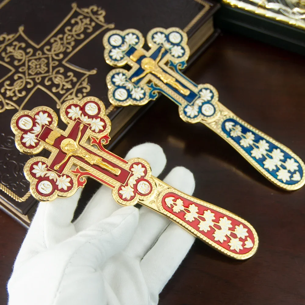 Orthodox Delicate Blessing Church Cross Gold Plated with Colorful Enamel Double Face  Jesus Icon Cross INRI Handheld Crucifix