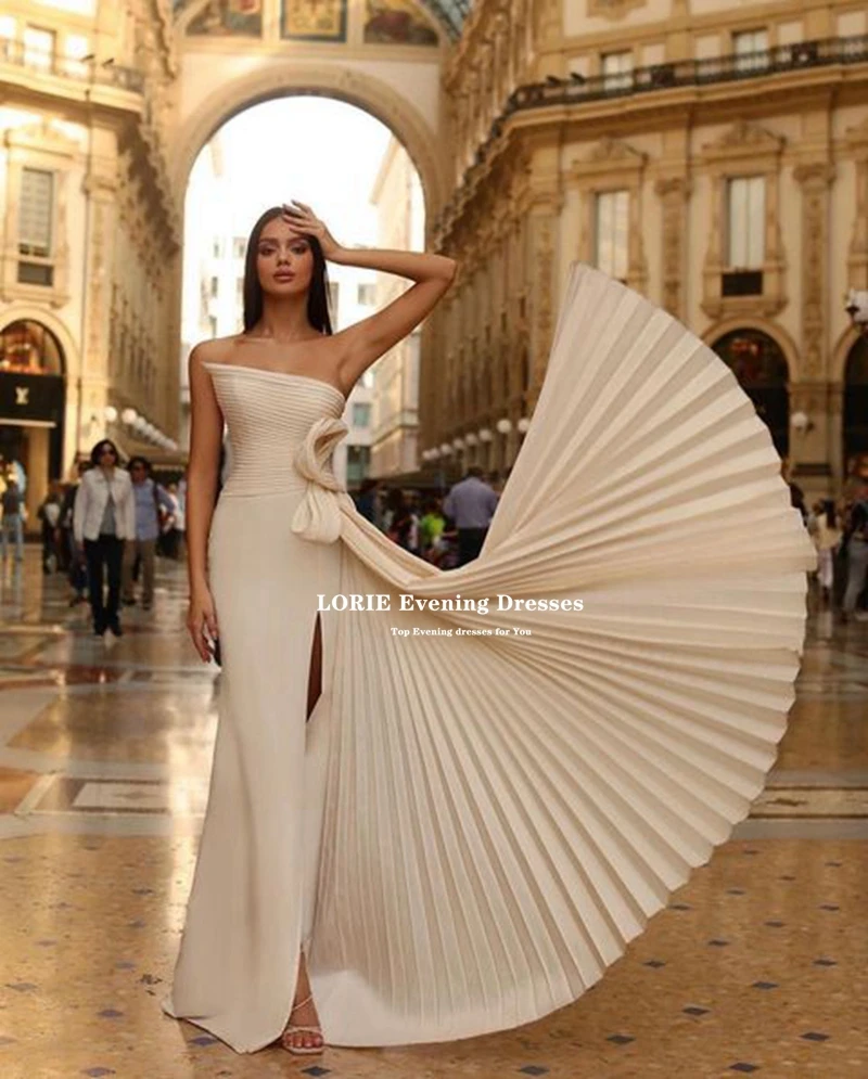 LORIE Beige Evening Dresses Leg Slit Pleat Formal Dresses Satin Long Mermaid Evening Gowns Vestidos De Noche Prom Party Gowns