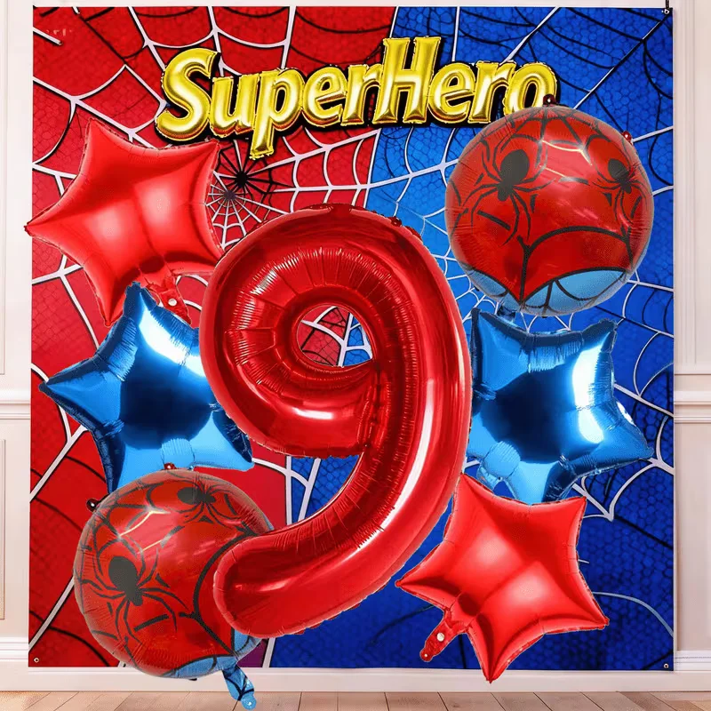 7-teiliges Rot-Blaues Spinnen-Folienballon-Set 40 Zoll Rote Zahlen Stern Spinnenballon Jungen Geburtstagsparty Valentinstag Dekorationen