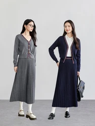 SENTUBILA Winter Women's Two Pieces Set Wool Spliced Knit V Neck Tops Elegant Pleated Long Skirts New in Matching Sets W51Z58265