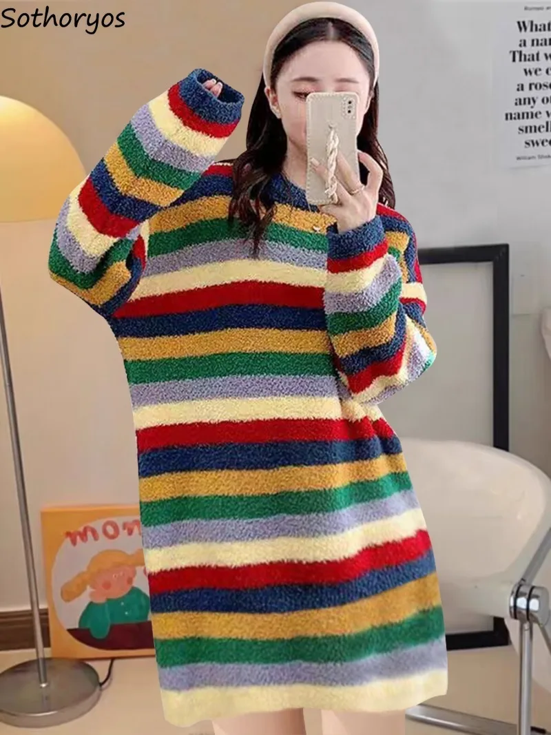 

Rainbow Striped Nightgowns for Women Coral Fleece Autumn Winter Sweet Home Clothes Comfortable Korean Fashion Baggy Trendy Chic
