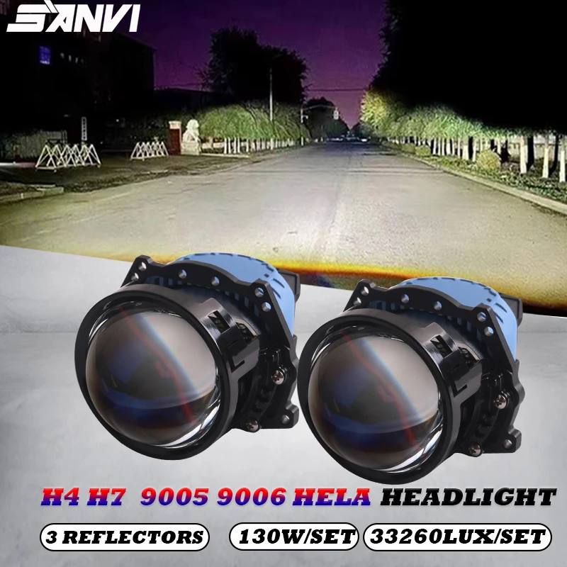 SANVI Bi LED Lense for Car Headlights H4 H7 9005 9006 Hella 3R G5 Auto Projector Lens 3Reflectors 130W 33260Lux Driving Light