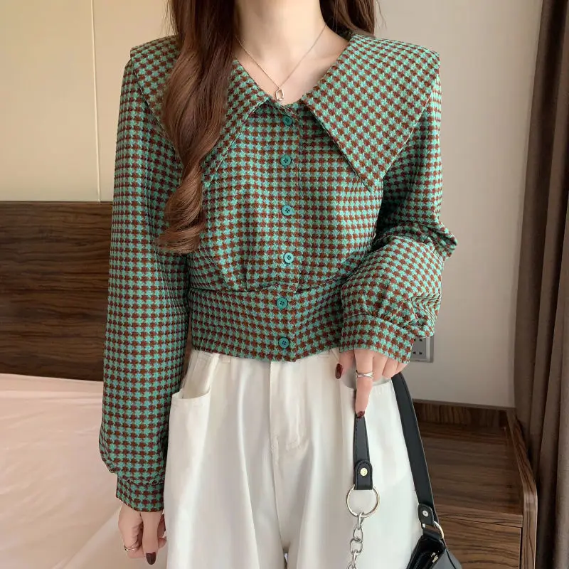 Vintage Plaid Short Shirt Tops Spring Autumn New Polo Neck Long Sleeve All-match Fashion Blouse Korean Temperament Women Clothes