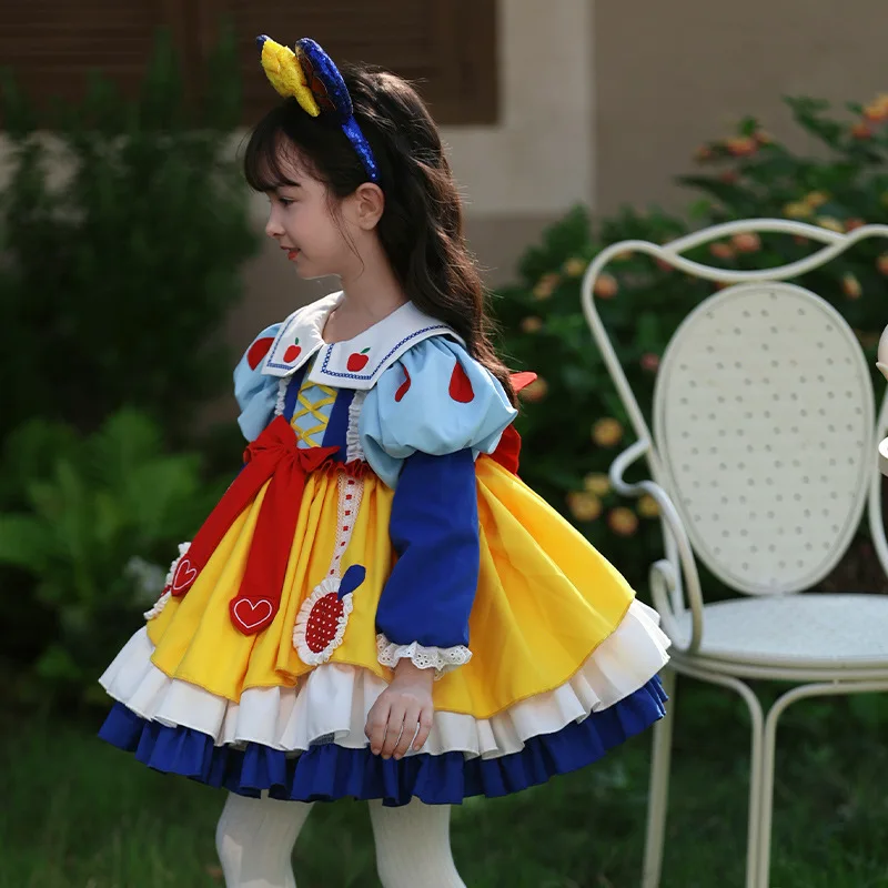 Disney Snow White Girl Lolita Princess Ball Gown bambini Bow Design Puff manica lunga Costume Cosplay festa di compleanno gonna regali