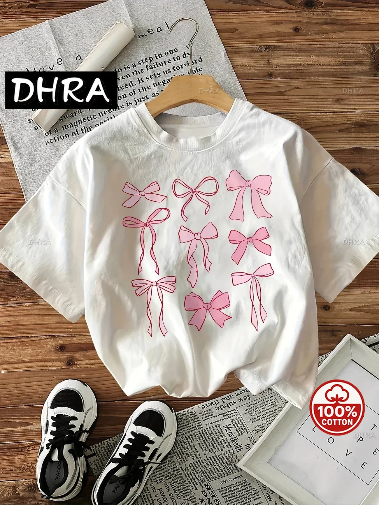 

Летняя розовая футболка с бантом и принтом, женская винтажная стильная повседневная футболка с принтом, топ с короткими рукавами, футболка, женская одежда