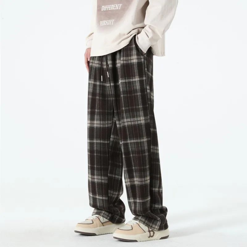 

Men's Fce Lined Thi Straight Leg Casual Pants Autumn Winter Vintage Plaid Warm Leisure Trousers Faionable Youth Sle
