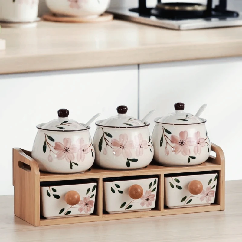 

Household Kitchen Seasoning Box Set Ceramic Salt Jar Seasoning Jar Collection Double-Layer Wooden Organizer for Cooking