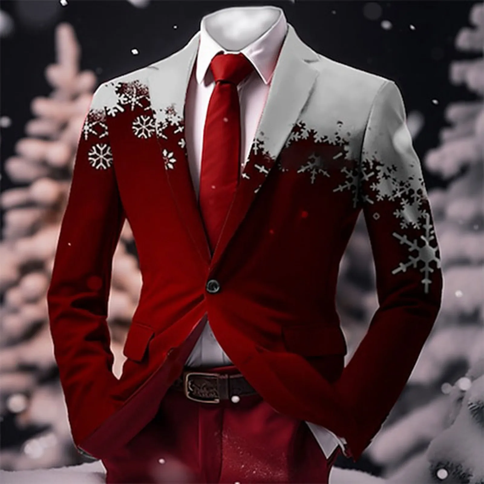 Christmas Print Breasted Two Button Suit Coat Retro Business Casual Suits Jacket Slim Fit Lapel Fashion Festive Blazer for Men