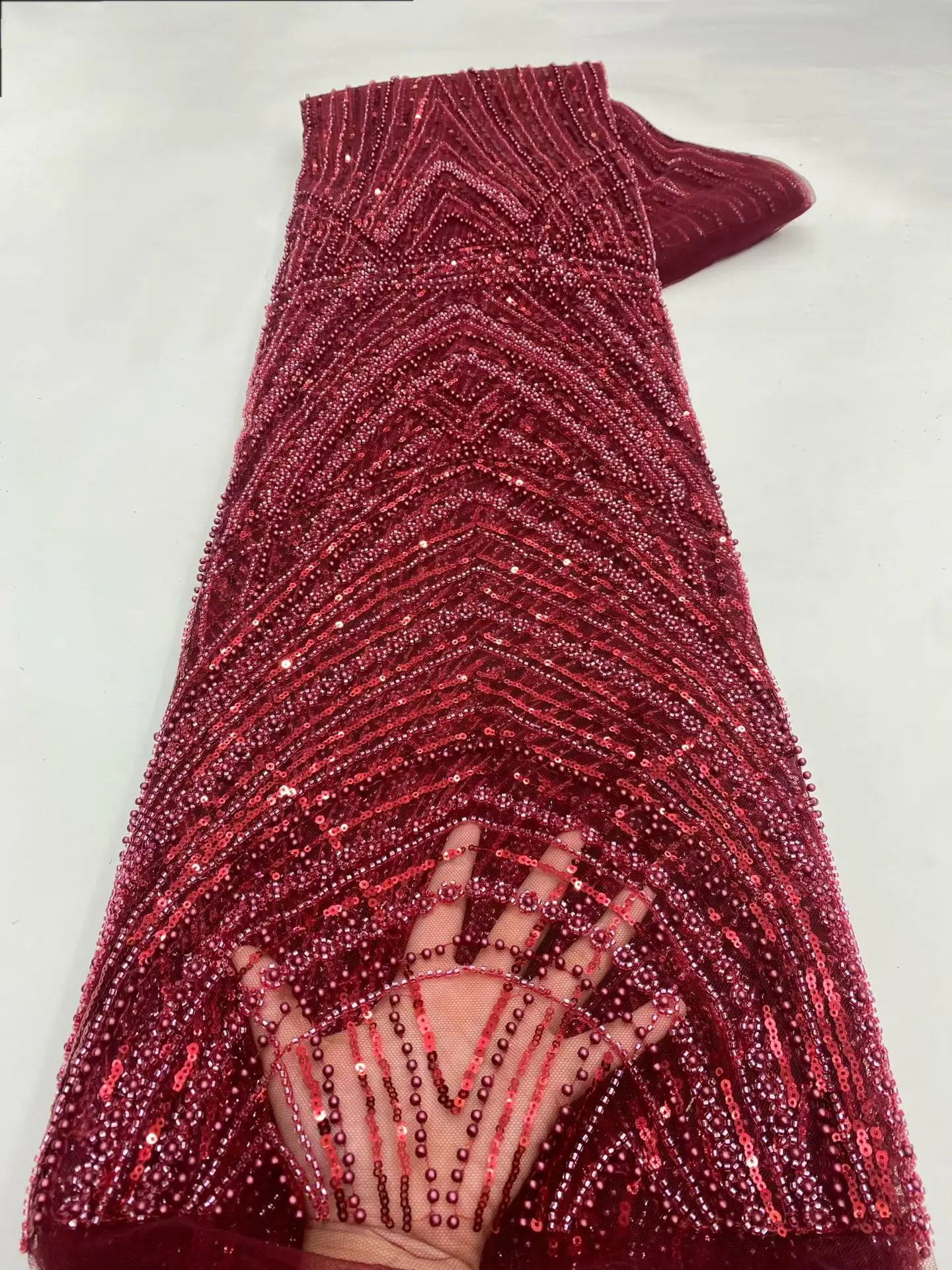 2026 Wine red  High Quality African Lace Fabric Sequins Mesh Luxury Heavy bead Embroidered Tulle Fabric for Sewing Dresses