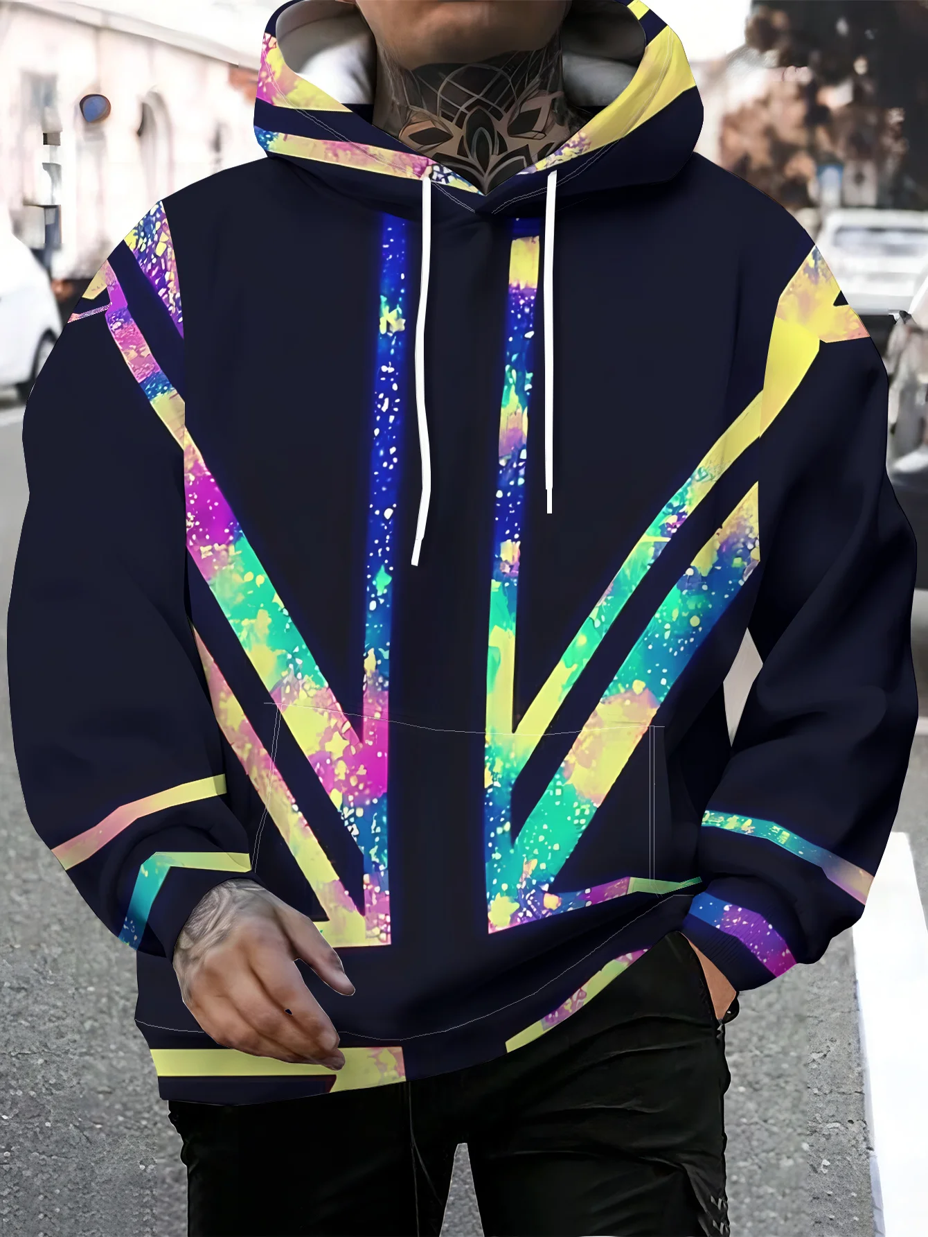 Men Black Base Colorful Galaxy Geometric V Shape Line 3D All Over Print Hoodie Abstract Neon Graphic Casual Sweatshirt