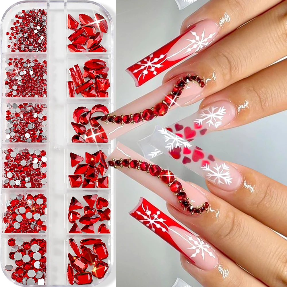 1 صندوق 12 شبكة AB مسطح الماس مسمار الفن الراين متعدد الشكل مختلط فاخر الأحجار الكريمة عيد الميلاد الأحمر كريستال الأحجار مسمار الديكور