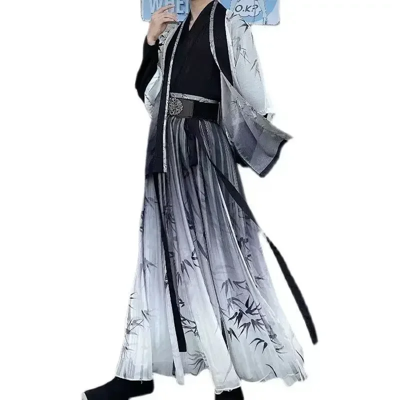 ชุด Hanfu พิมพ์ลายไม้ไผ่สีดำแบบไล่ระดับสีพร้อมเข็มขัด4ชิ้นคอสเพลย์นักดาบสไตล์จีนสำหรับผู้ชาย3XL ชุดขนาดใหญ่