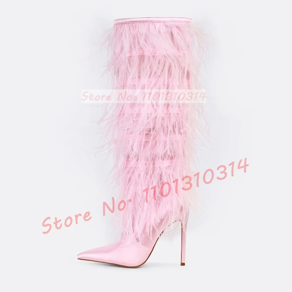 Pink Satin Fluffy Knee High Boots Women Sweet Pointy Toe Feather Elegant Shoes Ladies Stiletto High Heels Showy Slim Long Boots