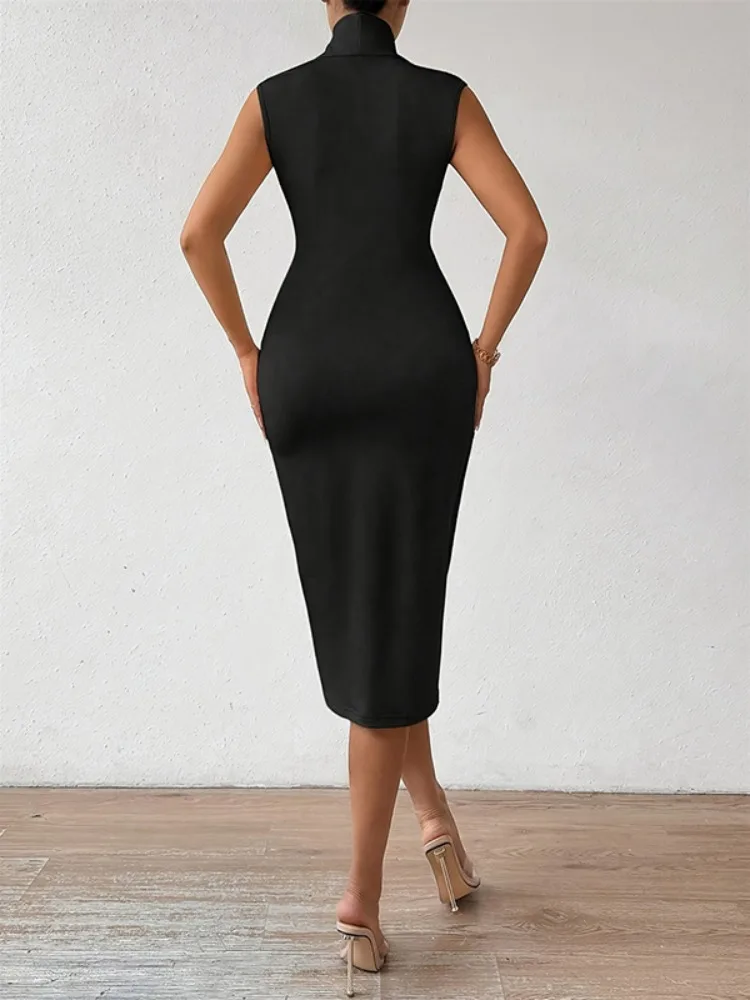 Onecozyday Women's Bodycon Dress Solid Color V-neck Sleeveless High Waist Sexy Midi Dresses 2025 Symmer Thin Party Dresses