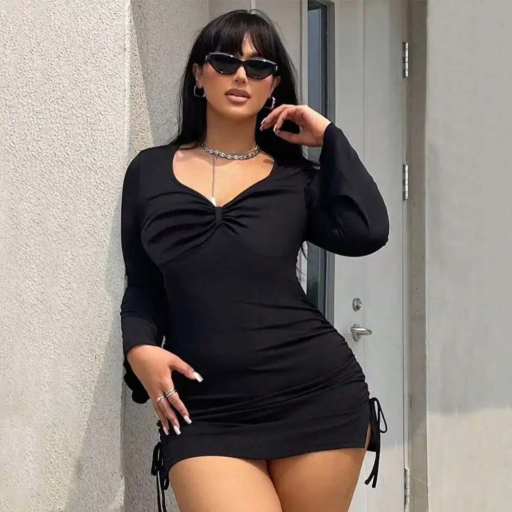 

Plus 2025 Size Women's V-neck Sexy Dress Autumn and Winter New Versatile Temperament Slim Fit Long Sleeved Short Skirt Y2k