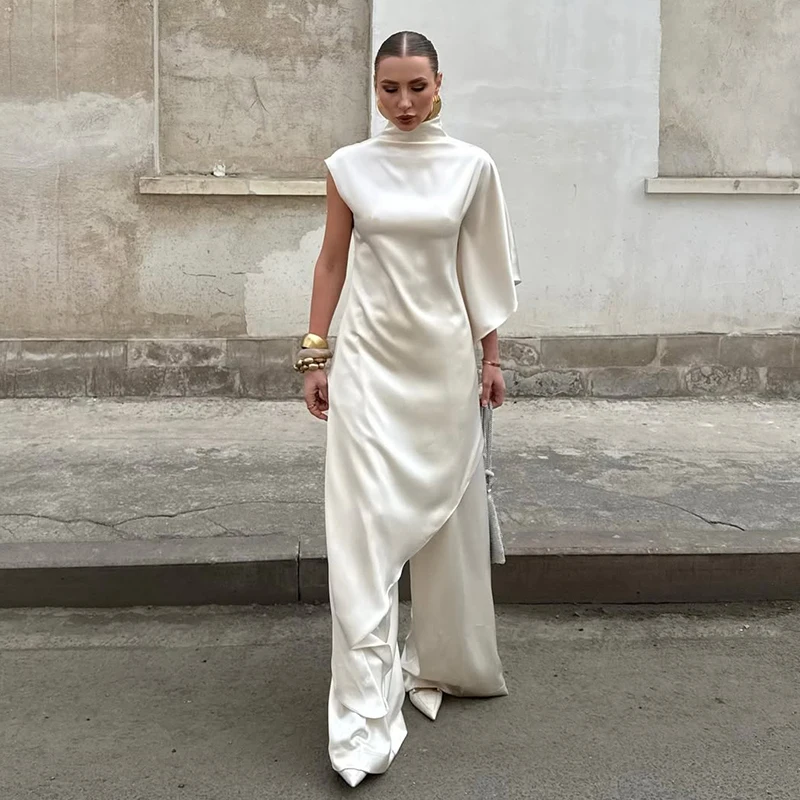Satin One Shoulder Long Dress Women 2026 Summer Casual Turtleneck Asymmetric Loose Dresses Party Club Fashion Cover Up Dress