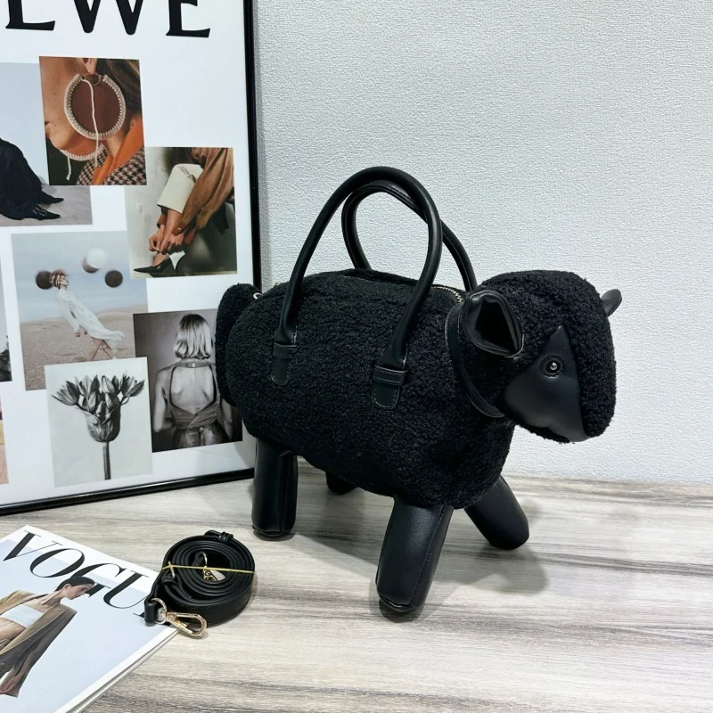Creative Design Lamb Shaped Handbag Trendy Cute Plush Cartoon Lamb Handheld Crossbody Bag Casual Versatile Shoulder Bag