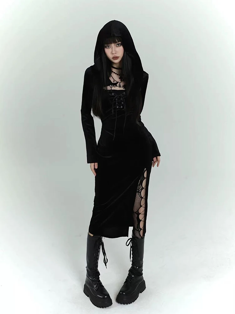 

Черное готическое платье на подтяжках, женское эстетичное уличное платье Y2K с кардиганом, платье миди, осенняя мода, сексуальное тонкое флокированное платье, Vestidos