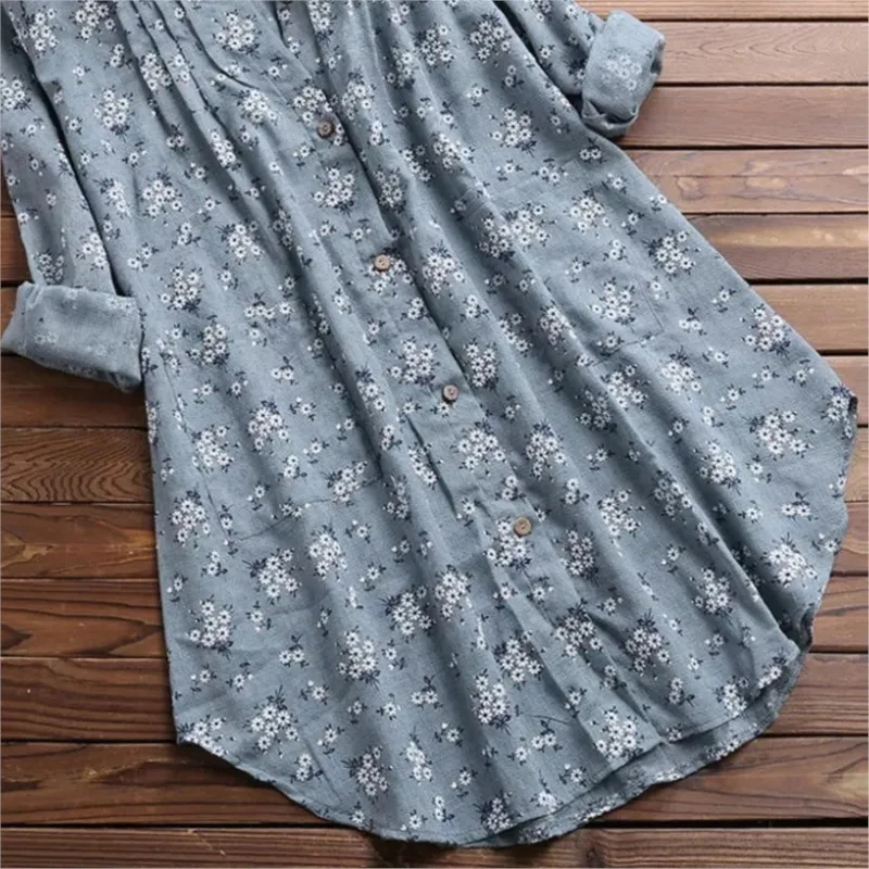 Elegant Long Shirt Cotton Linen Women Fashion Floral Print Loose Blouses And Tops Spring Autumn Full Sleeve Shirts Femme