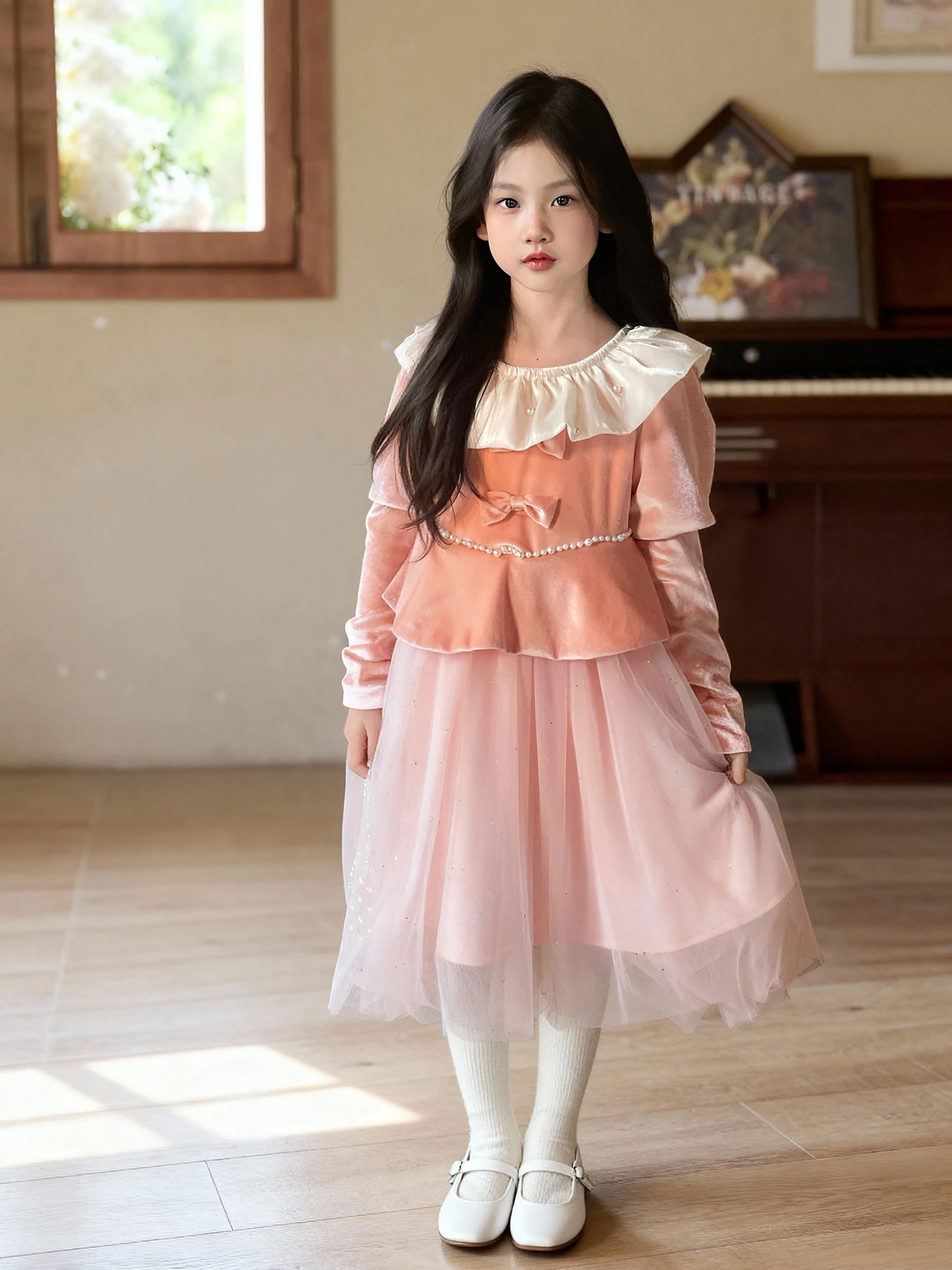 princ-sle-girls-dr-winter-faionable-sweet-long-sve-mid-length-a-line-skirt-children's-clothing-warm-thi-fabric