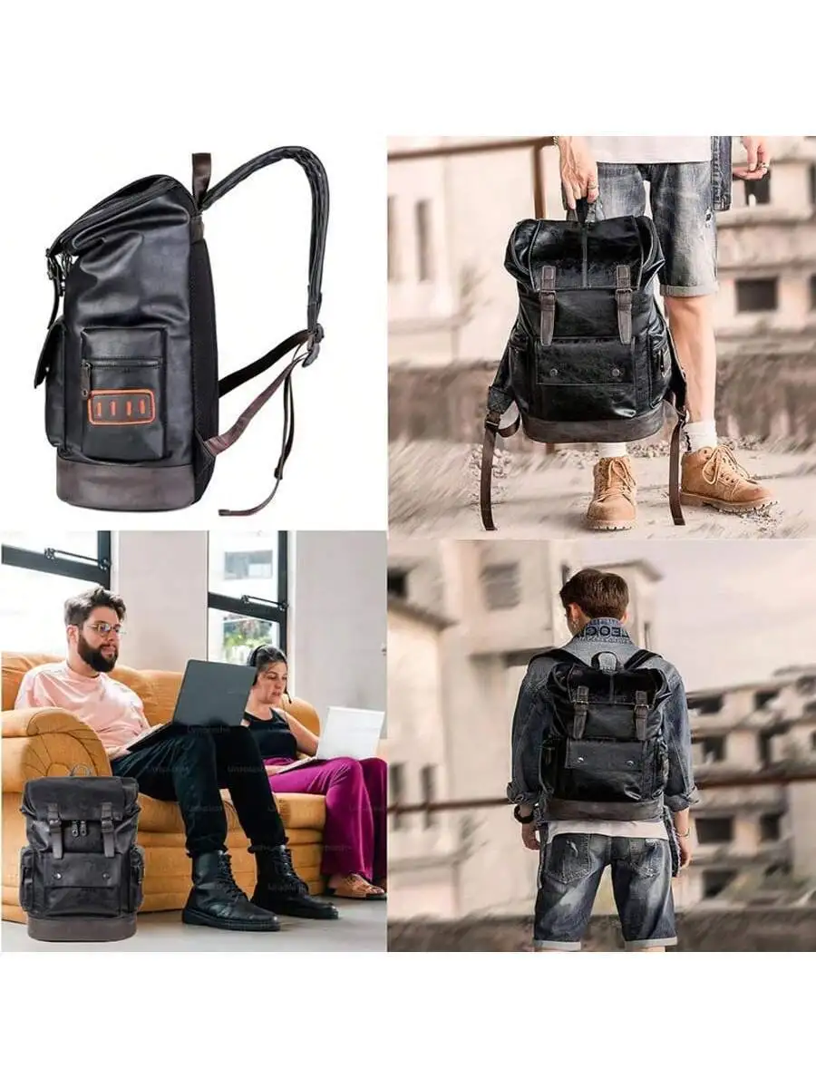 Vintage Black Leather Laptop Backpack For Men Waterproof 16 Inch Commute Travel Business Casual